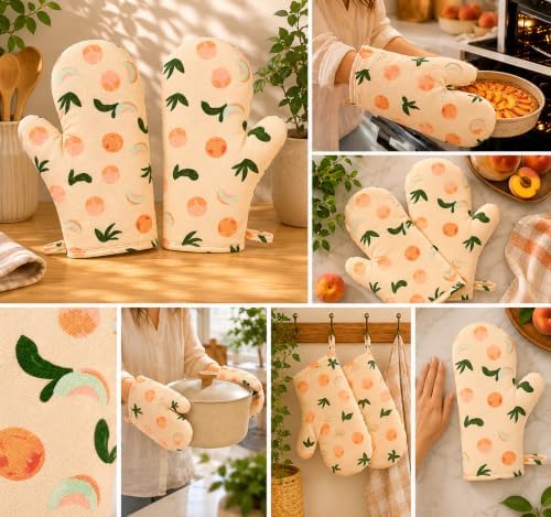Peach Oven Mitts, Set of 2, Cream Beige, 10 in