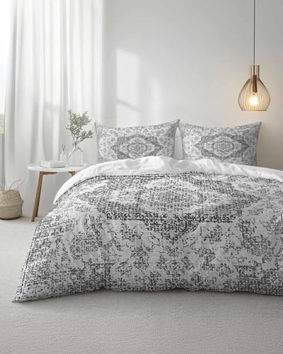 Duvet Cover Set Full, Gray Ethnic Flower Texture 3 Piece Bedding Set