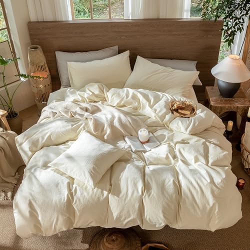 MooMee Jacquard Duvet Cover Set 100% Washed Cotton Linen Like King