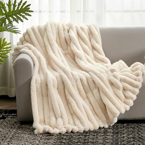 Cozy Bliss Faux Fur Throw Blanket for Couch, Cozy Warm Plush Striped