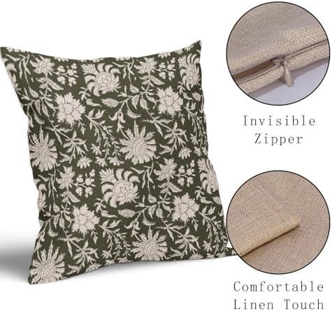 Olive Green Floral Pillow Covers 20x20 Set of 2 Cream Vintage Flower