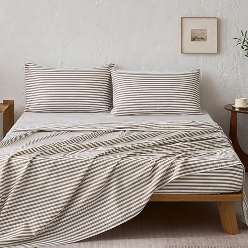 JELLYMONI 100% Cotton Sheet Set, Tan Striped, Full
