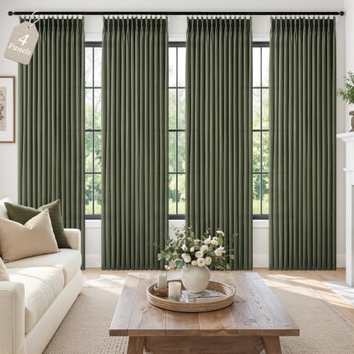 Extra Long 108 Inch Pinch Pleated Linen Olive Green 4 Panels Set