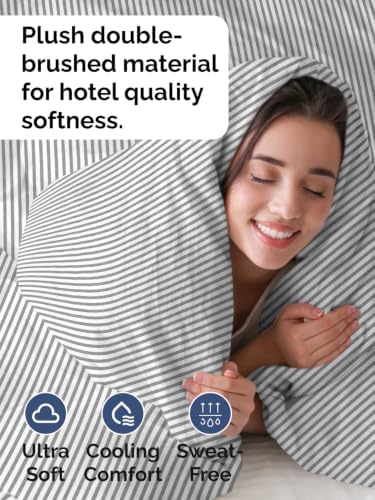 Duvet Cover Queen Size - 3 Piece with Zipper Closure - Grey Stripes