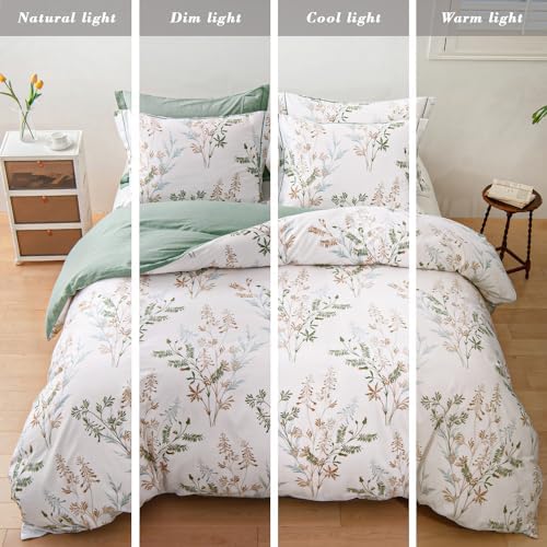 ALEISSEL Sage Green Modern Botanical Cotton Duvet Cover Set Queen Size