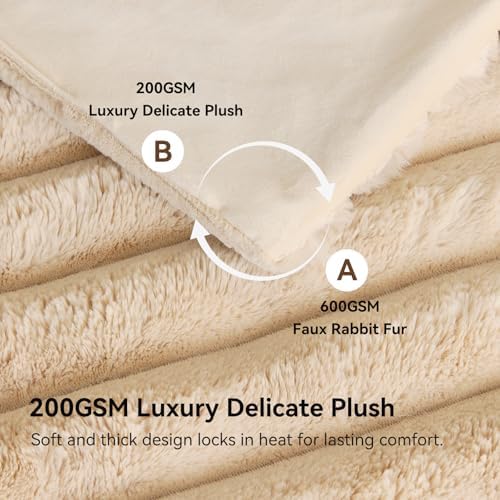 KayWing Faux Fur Throw Blanket: Beige Reversible Ultra Soft Rabbit