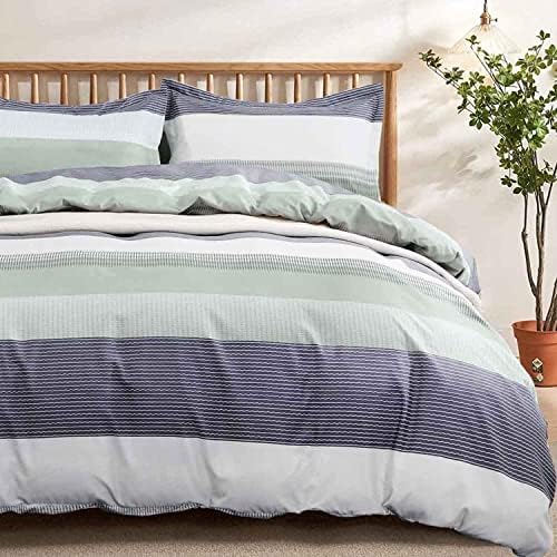 Nanko King Duvet Cover Set 3pc 104x90 Gray Mint Green Striped Pattern