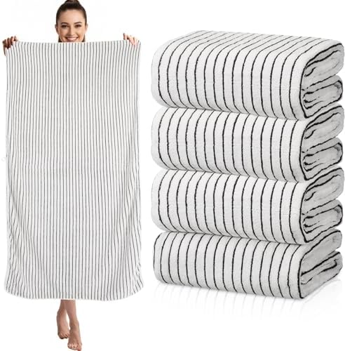 4 Pieces Extra Large Black and White Striped Bath Towels Set