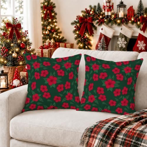 Botanical Red Hibiscus Floral Flowers Throw Pillow Covers 18x18 Set of