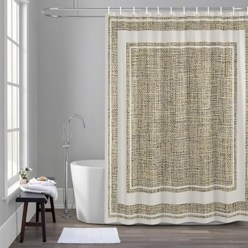 QueenKer Rustic Linen Texture Shower Curtain Brown Classic Natural