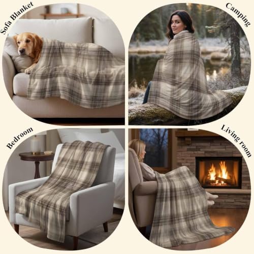 Taupe Oatmeal Plaid Throw Blanket for Couch, Traditional Striped Lines
