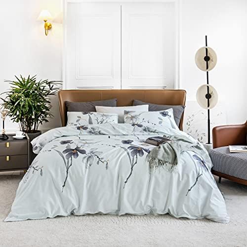 YuHeGuoJi Light Blue Floral Duvet Cover Queen 100% Egyptian Cotton