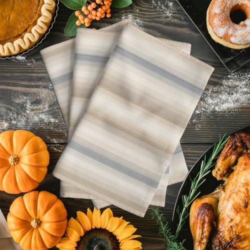 Creamy Beige Stripes Kitchen Towels Set of 3 Gray Taupe Ombre Lines