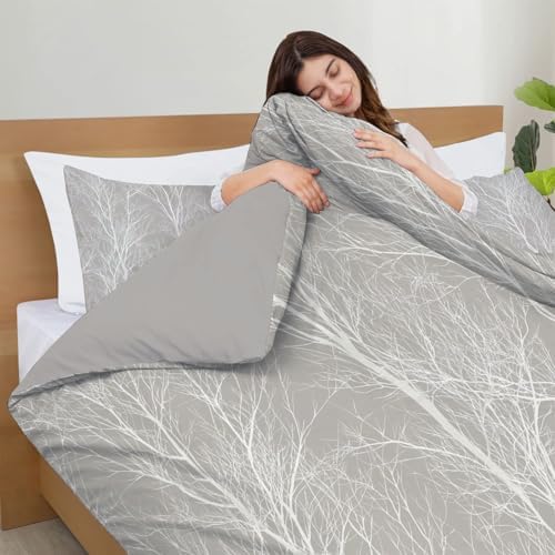Duvet Cover Set King, Delicate Branches Forest Brushed Microfiber