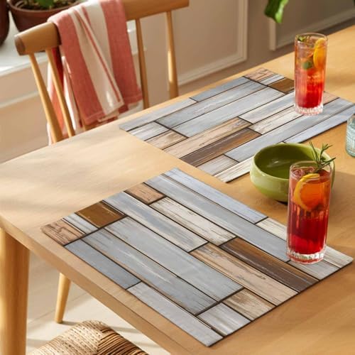 Country Vintage Wood Plank Placemats Set of 4 Washable Table Mats for