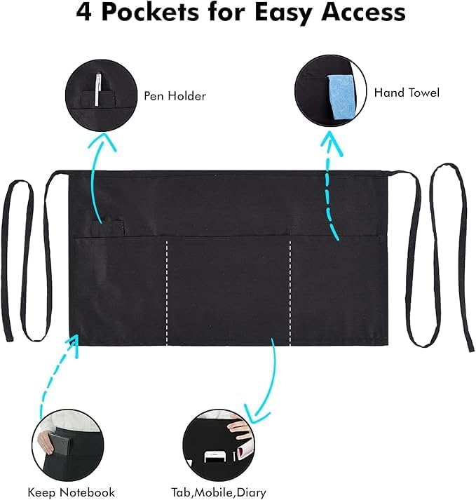 Dreamology 12 Pack Server Aprons with 3 Pockets, Black Server Apron