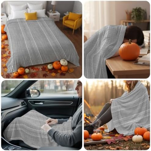 Flannel Fleece Blanket 60" x 80", Grey Stripe Microfiber Cozy Soft