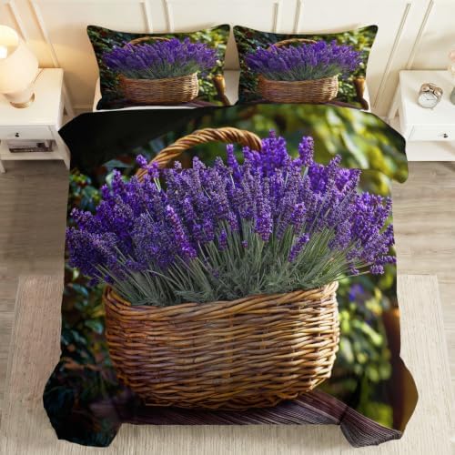 Queen Duvet Cover Set Plants and Floral Lavender Bedding with