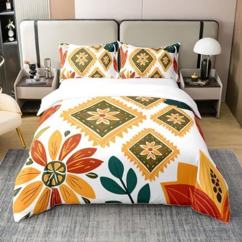 Feelyou Boho Floral Duvet Cover 100% Cotton Queen Size