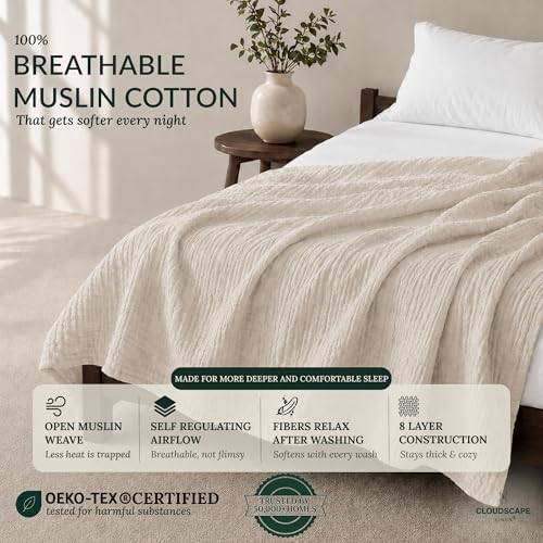 CLOUDSCAPE 8 Layer 100% Cotton Muslin Oversized Throw, Soft, 50"x70"