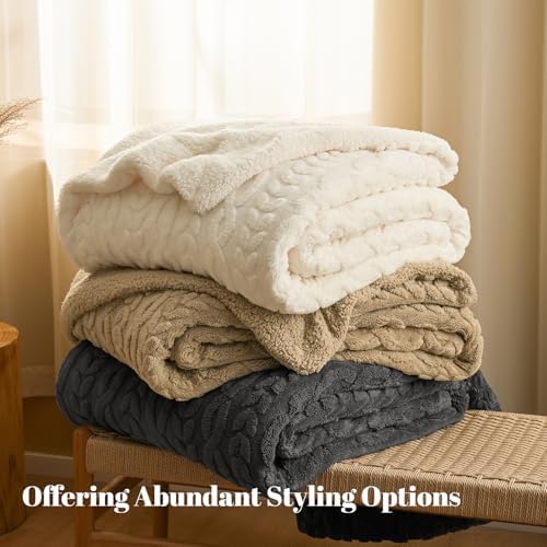 PHF Soft Sherpa Fleece Blanket King, Tufted Jacquard, 04-Natural Cream