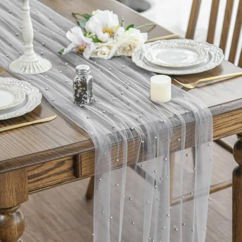 Artoid Mode Pearl Grey Gauze Table Runner 10FT Home Decor