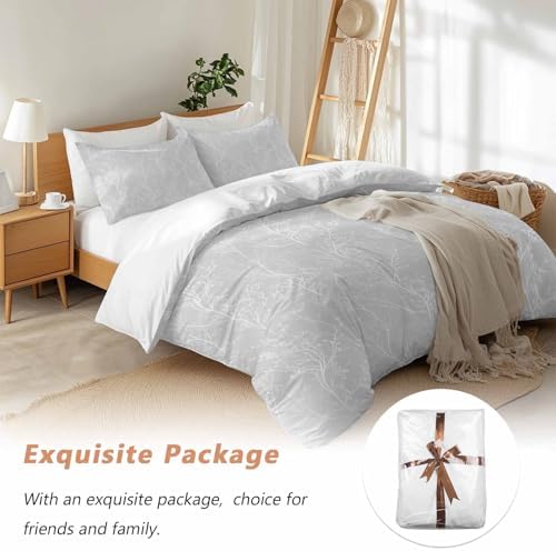 3 Piece Light Grey Botanical Duvet Cover Set Full Size, Microfiber