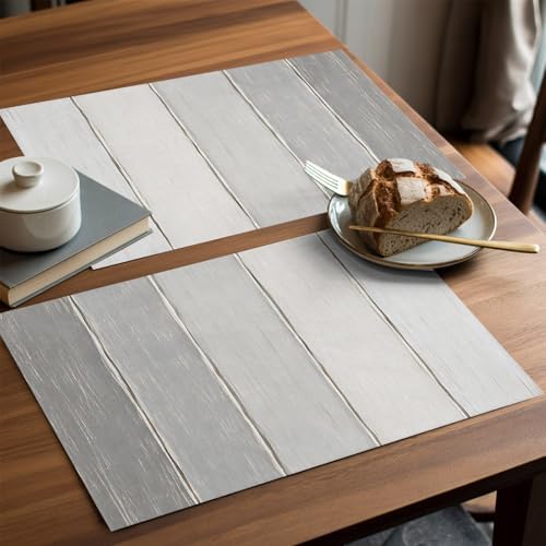 Pale Gray Ombre Placemats Set of 8, Gray White Wood Grain Stripes