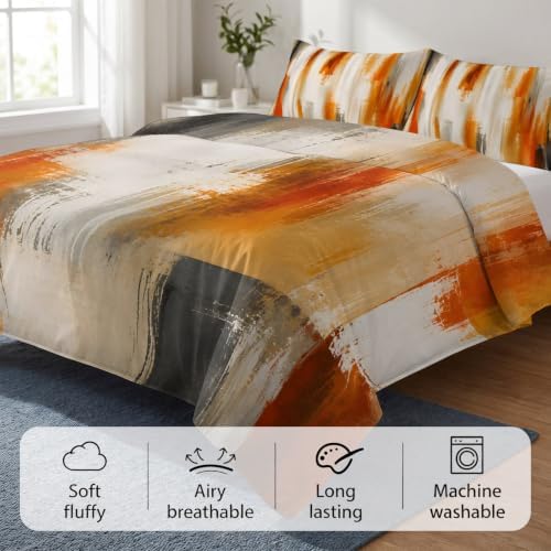 Orange Beige Gray Duvet Cover Set 3 Pieces with Zipper Closure
