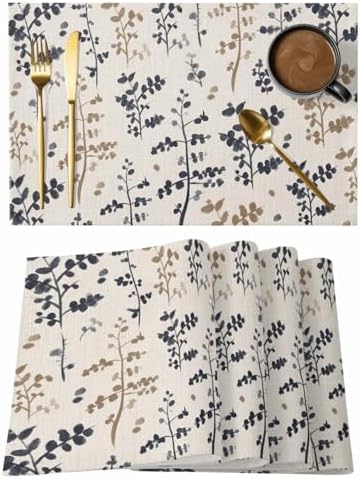 Placemats Set of 8, Grey Brown Botanical Woven Placemat, Linen Place