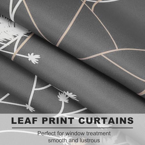 Gray Leaves Blackout Curtains 63 Inch Length, Room Darkening Curtains