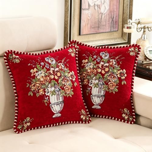 Set of 2 Christmas Vintage Red Floral Throw Pillow Covers 18x18 Inch