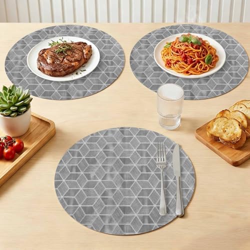 Neutral Geometric Faux Leather Placemats Set of 6, 15in, Waterproof