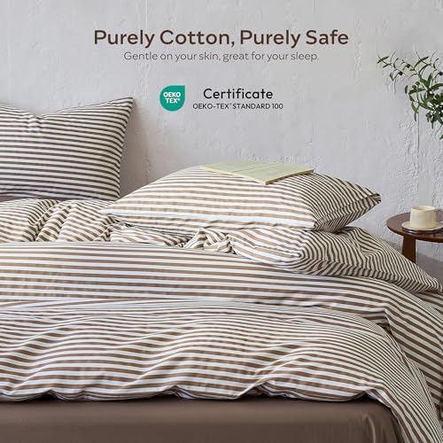 JELLYMONI 100% Cotton Printed Striped Queen Duvet Cover Set, Tan