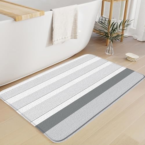 GCTNBJL Striped Gray and White Runner Bath Mat Modern Boho Farmhouse