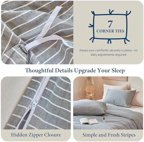 QKTE Striped 100% Washed Cotton Duvet Cover Set King Size 3Pcs