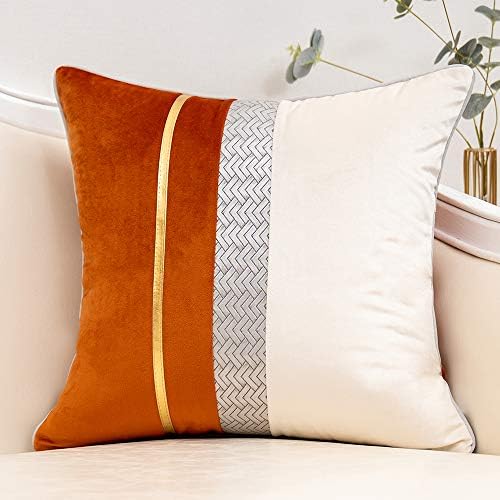 Yangest Burnt Orange Patchwork Velvet Throw Pillow Cover with Gold