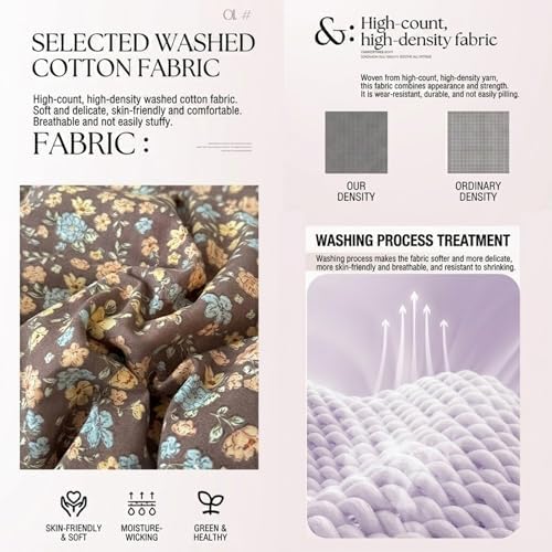 Floral Duvet Cover Queen Size, Washed Cotton Soft Bedding Set 4 Piece