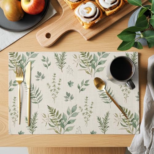 Placemats Set of 8, Green Botanical Woven Placemat, Linen Place Mats