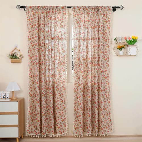1 Pair Floral Linen Curtains Rustic Country Style Light Filtering Rod