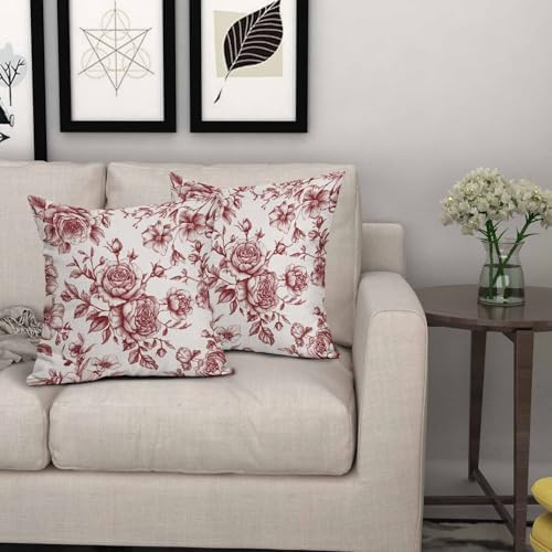 Wine Red Floral Throw Pillow Covers Chinoiserie Cushion Case