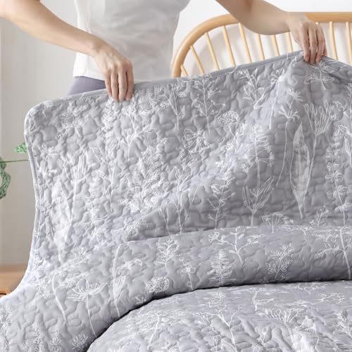 JANZAA Quilts Queen Size, Grey Qulit Set Bedspread Floral Bedding Set