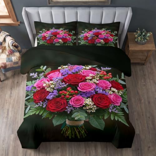 King Duvet Cover Set Soft Microfiber Oil Painting Flowers