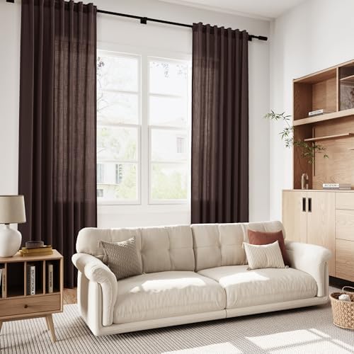 Linen Curtains Semi Sheer Coffee Brown 96 Inches Long 2 Panels Set for