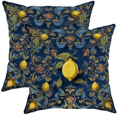 Lemon Floral Pillow Covers Set of 2, Navy Blue Vintage Lemonade