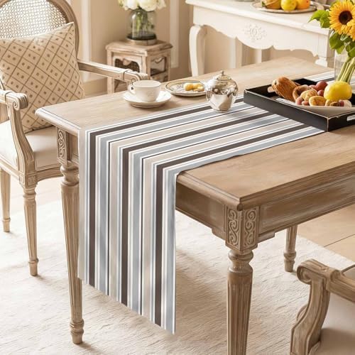 Khaki Grey Striped Table Runner 120 Inches Long for Dining Table