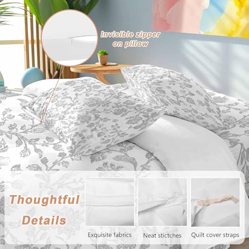 Boho Gray Flower Duvet Cover Set, Vintage Farmhouse Leaf Spring Plant