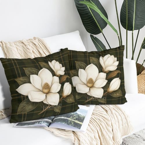 InkRain Magnolia Pillow Cover Dark Green Plaid White Bud Branch 22x22
