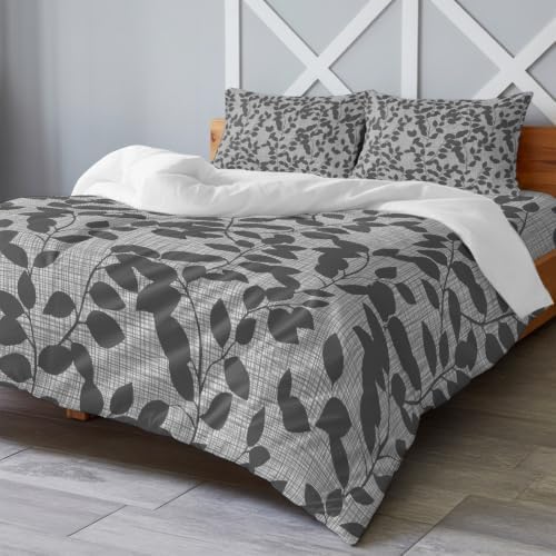 4 Pieces Duvet Cover Set King – Gray Leaves Branch Soft Microfiber