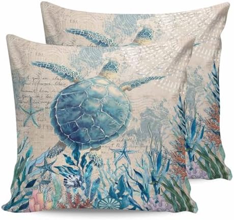 Pillow Covers 20x20 Set of 2, Teal Sea Turtle Square Throw Pillow